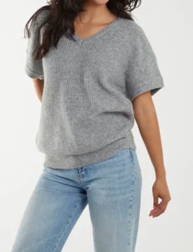 Womens Puff Sleeve V-Neck Knit Top - Grey - Size Small/medium - Blue Vanilla - FashionsVida