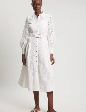 Women's Petite Cotton Cutwork Woven Shirt Midi Dress in Ivory Size: 14 - Ivory - Size: 14 - Karen millen - FashionsVida