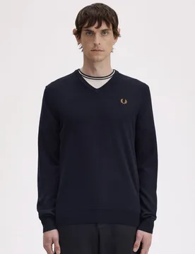 Mens Regular Fit Long Sleeve V Neck Jumper In Dark Navy Wool - Size Medium - Fred perry - FashionsVida