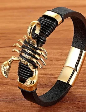 TYO Brand Punk Men's Natural Leather Stainless Steel Gold Color Scorpion Charm Bracelet Fashion New Design Cuff Bangle Gifts - Aliexpress - FashionsVida
