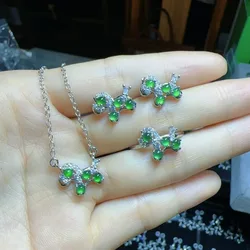Natural A jadeite ice green egg surface pony stud earrings pendant necklace three-piece set