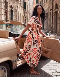 V Neck Abstract Leaf Print Dress - L / ORANGE - female