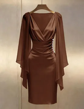 Vestido midi elegante y sexy para mujer con cuello en V cruzado, cintura fruncida, botones y mangas capa, marrón café, para fiesta nocturna, cena y - Shein - FashionsVida