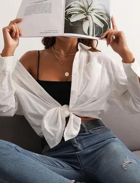 Blusa con bolsillo, botones frontales y hombros caídos para mujer M - Shein - FashionsVida