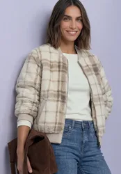 Fake Fur Blouson mit Strickdetails und Print female Beige