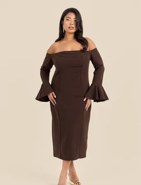 Women's Curve Bardot Ruffle Sleeve Scuba Midi Dress in Brown Size: 14 - Brown - Size: 14 - FASHION-SZN - FashionsVida