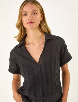 Women's Textured Collar V-Neck Top in Black Size: 10 - Black - Size: 10 - Roman - FashionsVida