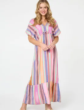 Women's Striped 1/2 Sleeve Empire Maxi Dress in Pink Size: 18 - Pink - Size: 18 - Izabel London - FashionsVida