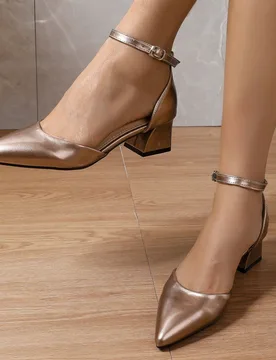 Zapatos de tacón alto dorados de moda para mujer, sandalias de tacón grueso y punta afilada, Mary Janes de tacón medio, sandalias de cuña de punta - Shein - FashionsVida