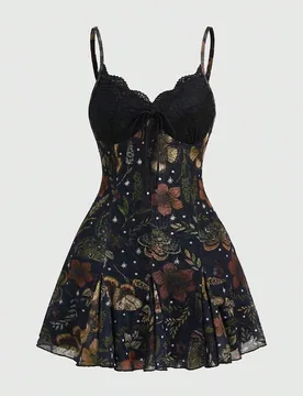 Vestido mini con tirantes finos para mujer de talla grande, estampado floral bohemio, romántico y gótico, de corte holgado 4XL - Shein - FashionsVida