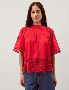 Pure Cotton Broderie High Neck Top Red female - Monsoon - FashionsVida