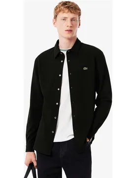Camisa de hombre de piqué de algodón de corte ajustado en blanco de manga larga - Lacoste - FashionsVida