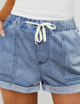 Pantalones cortos vaqueros de verano ligeros para mujer, informales y sueltos con cordón y cintura elástica, bajo con dobladillo, pantalones cortos - Shein - FashionsVida