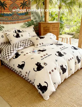 Juego de ropa de cama de 4 piezas con estampado de gato negro, engrosado y amigable con la piel para todas las estaciones (1 funda nórdica + 2 fundas - Shein - FashionsVida