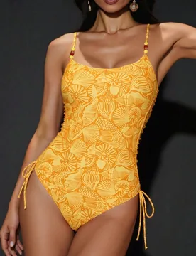 Traje de baño de una pieza con estampado total y decoración de cuentas, de uso casual para mujer S - Shein - FashionsVida
