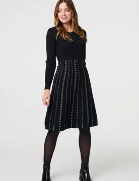 Womens Black Striped Long Sleeve Midi Knit Dress - Size 12 Uk - Izabel London - FashionsVida