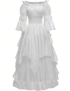 Vestido elegante de primavera con hombros descubiertos, mangas asimétricas y ribete de volantes M - Shein - FashionsVida