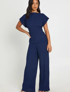 Womens Petite Crinkle Tie Back Top Wide Leg Trouser Co Ord - Navy - Size 10 Uk - Boohoo - FashionsVida