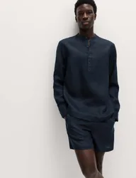 Pure Linen Grandad Collar Shirt Navy male