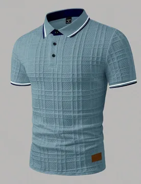Camisa polo de manga corta con textura de tela a cuadros y ribete a rayas para hombres, ideal para el verano, vacaciones y trayectos al trabajo - Shein - FashionsVida