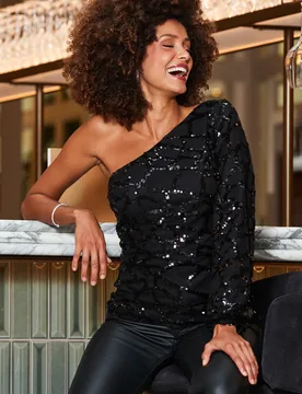 Womens Black Sequin Asymmetrical One Shoulder Top - Size 18 Uk - Sosandar - FashionsVida