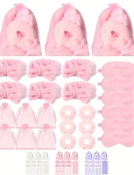 Kit de 24 piezas para fiesta de spa pijama: diademas rosas, máscaras de ojos suaves, scrunchies de terciopelo y bolsas de organza - perfecto para fie - Shein - FashionsVida