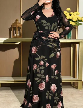 Vestido de vacaciones con estampado floral elegante, cuello en V y cintura fruncida para mujer talla grande, adecuado para primavera, verano y otoño - Shein - FashionsVida