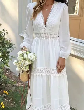 Vestido largo elegante de gasa, escote en V sexy, adecuado para fiestas; vestido de Nochevieja, con ribete de encaje segmentado y volantes multicapa, - Shein - FashionsVida