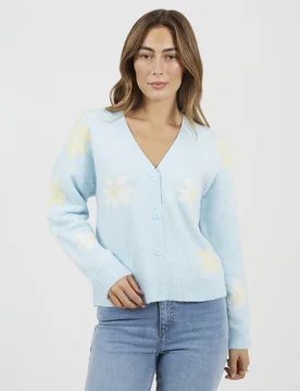 Womens Blue Soft Flower Jacquard Knitted Cardigan - Size X-Small - Brave soul - FashionsVida