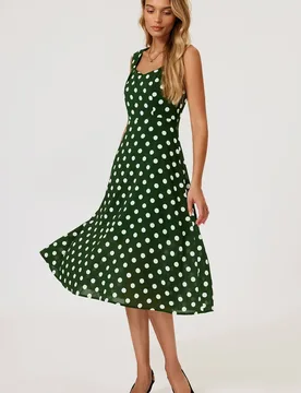 Women's Polka Dot Print Heart Neck Midi Green Size: Small - Green - Size: S - FS Collection - FashionsVida