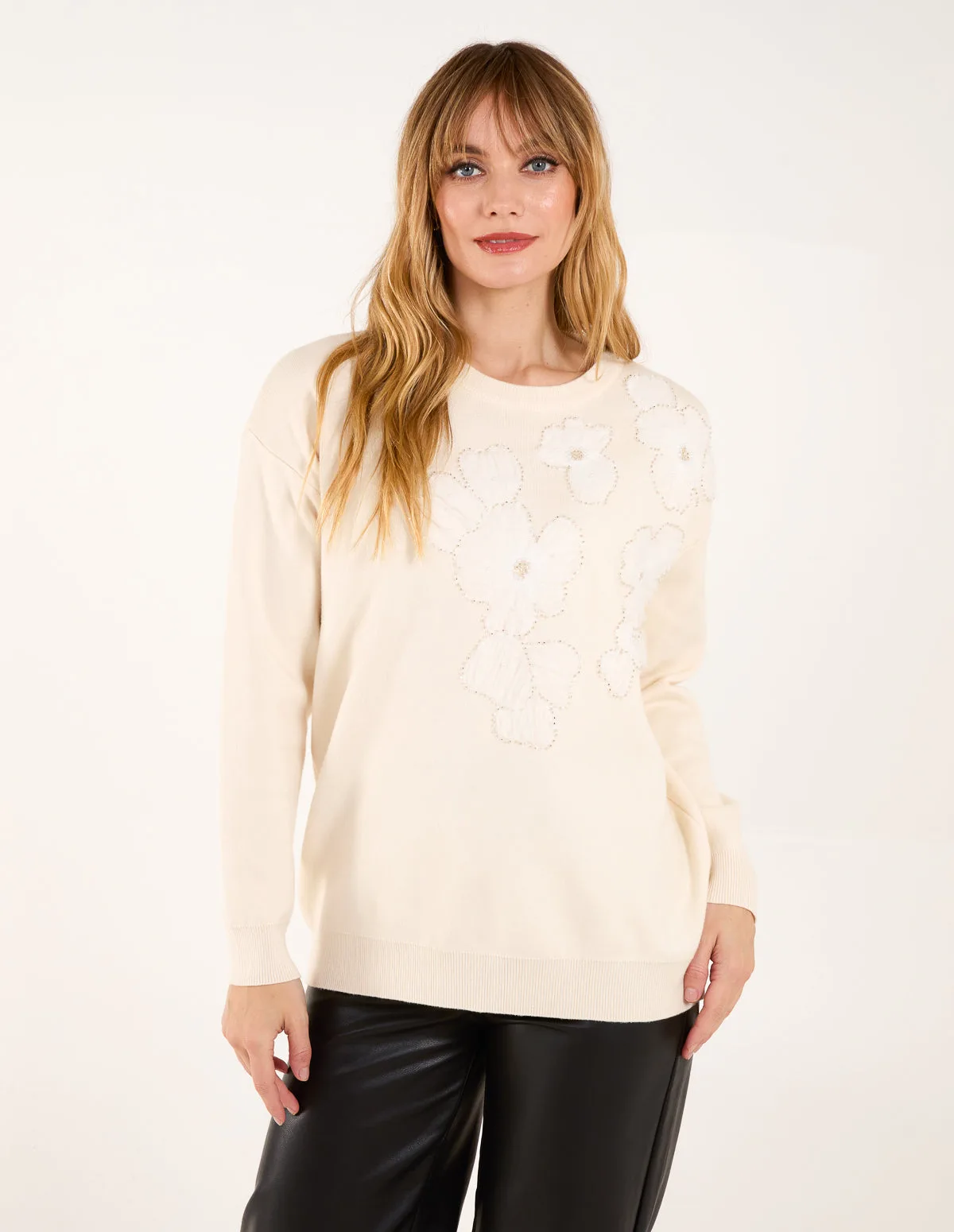 Flower Diamante Jumper - ONE / CREAM - female - Blue Vanilla - FashionsVida
