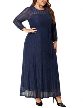 Elegant Shiny Lace-Up Mesh Plus Size Formal Dress With Long Sleeves - Aliexpress - FashionsVida
