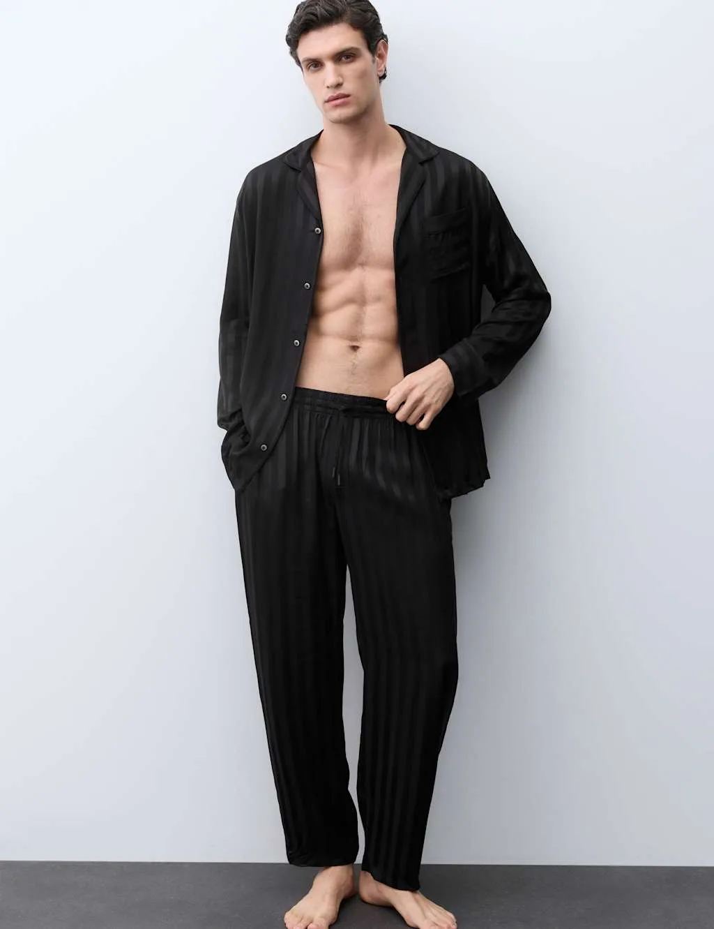 Satin Striped Woven Pyjama Top Black male - Autograph - FashionsVida