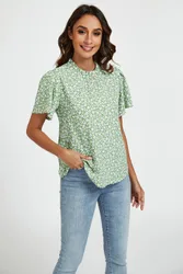 Women's Little Floral Print Angle Sleeve High Neck Top/Blouse In Green Size: XL - Green - Size: XL