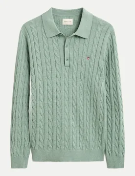 Zopfstrickpullover mit Polo-Kragen Grün L - Gant - FashionsVida
