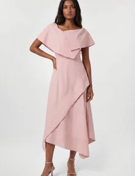 Women's Premium Viscose Linen Tailored Asymmetric Neck Full Skirted Midi Dress in Pale Pink Size: 16 - Pale Pink - Size: 16 - Karen millen - FashionsVida