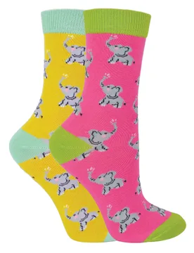 Pack Girls Bamboo Animal Patterned Socks - Elephants - Multicolour Cotton - Size 2-3y - Miss Sparrow - FashionsVida