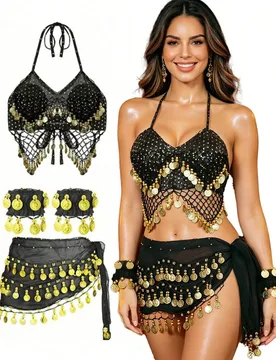 Conjunto de 4 piezas de decoración con monedas brillantes - Camisola, sujetador, pañuelo de cintura y muñequeras, adecuado para actuaciones de bail - Shein - FashionsVida