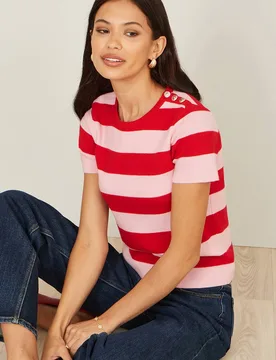 Women's Red & Pink Block Stripe Knitted Top With Button Details Size: Small - Multicolor - Size: S - Yumi - FashionsVida