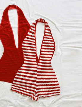 Piezas/Set Mono de mujer con rayas rojas y blancas, estilo halter, casual de verano para playa y vacaciones, retro, color de contraste, bohemio, hippi - Shein - FashionsVida