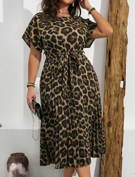 Vestido Talla Grande Primavera/Verano Nuevo Estampado de Leopardo Cuello Redondo Manga Dolman con Cinturón, Casual Sexy Ropa de Descanso Vacaciones C - Shein - FashionsVida