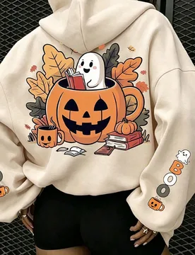 Sudadera con estampado de letra de fantasma de calabaza, sudadera con capucha de manga larga y bolsillo para mujer talla grande, casual para otoño/in - Shein - FashionsVida