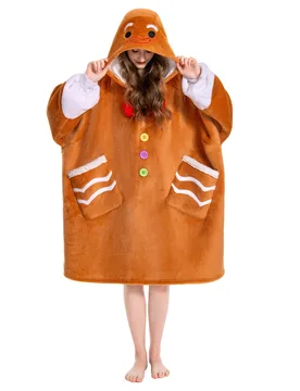Gingerbread Man Wearable Blanket Hoodie Animals Onesie Christmas Soft Homewear With Pocket For Adult - One Size - OLAOLA - FashionsVida