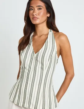 Womens Premium Linen Stripe Halterneck Waistcoat - Green Viscose - Size 12 Uk - Boohoo - FashionsVida