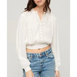 Blusa A Maniche Lunghe Lace Trim Smocked Ecru XL