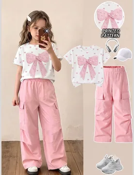 Conjunto de 2 piezas para niñas jóvenes con camiseta de manga corta de cuello redondo con estampado digital de lazo y pantalones largos rosas de pie - Shein - FashionsVida