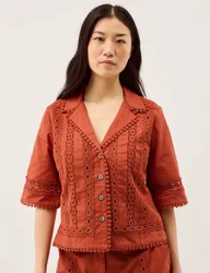 Pure Cotton Lace Trim Shirt Brown female