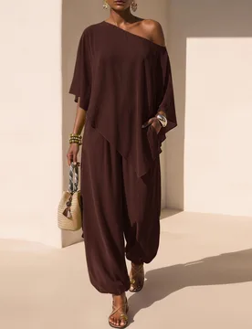 Conjunto de blusa de verano de unicolor con dobladillo asimétrico y hombro asimétrico y pantalones farol para mujer M - Shein - FashionsVida