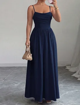 Vestido Maxi para Mujer Talla Grande Primavera/Verano Nuevo Estilo Hada Suave Elegante Romántico Azul Claro Tirantes Finos, Cuello Drapeado Cintura P - Shein - FashionsVida