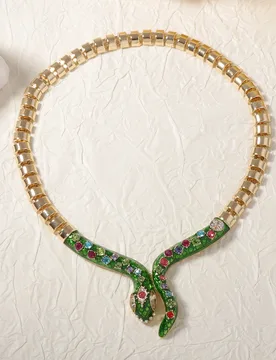 A striking, fashionable metal chain necklace inlaid with colorful zircon green snake animal design; perfect for vacation jewelry - Aliexpress - FashionsVida